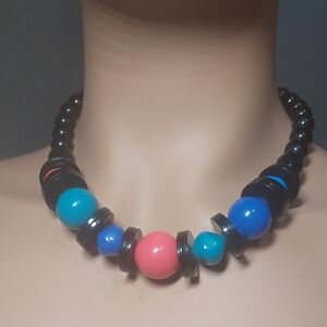 Chunky Vintage Colorblock Bead Necklace | Black Pink Blue Green | 18"